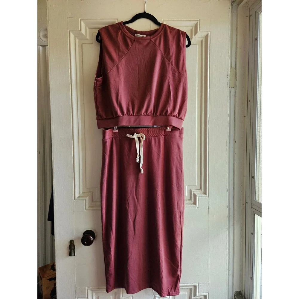 The Mogan Womens Mauve 2 Piece Lounge Set Crop Top Midi Skirt XL MSET7579